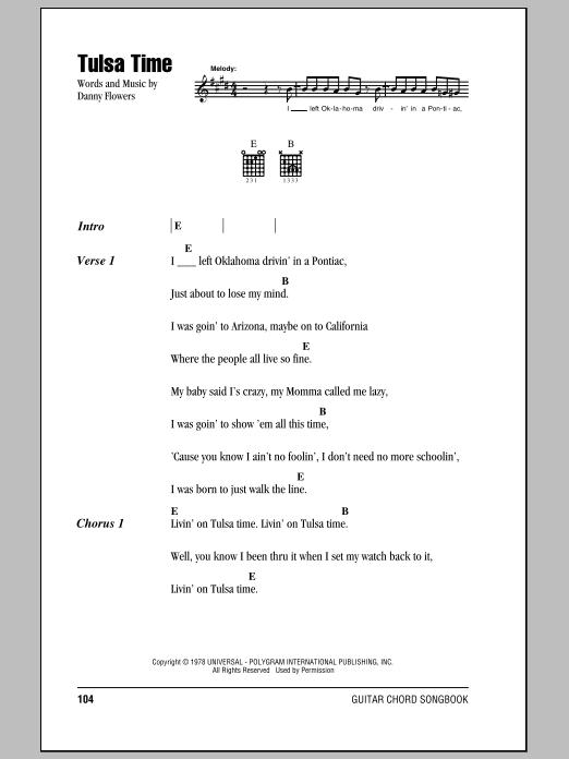 Eric Clapton Tulsa Time Sheet Music Notes & Chords for Lyrics & Chords - Download or Print PDF