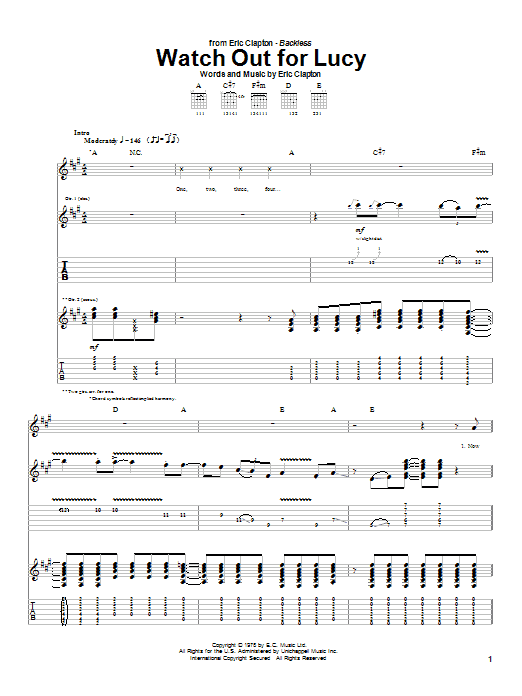 Eric Clapton Watch Out For Lucy Sheet Music Notes & Chords for Guitar Tab - Download or Print PDF