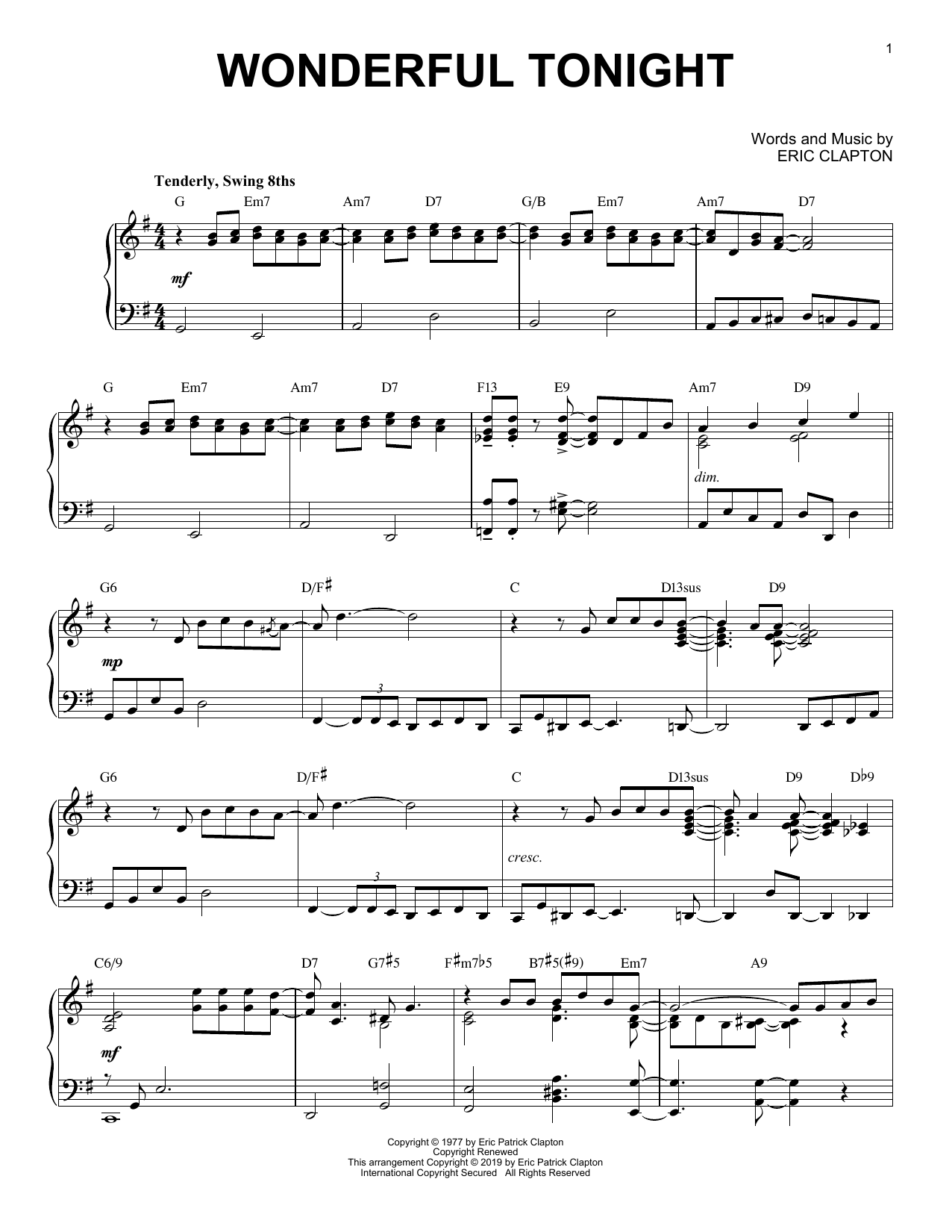 Eric Clapton Wonderful Tonight [Jazz version] Sheet Music Notes & Chords for Piano Solo - Download or Print PDF