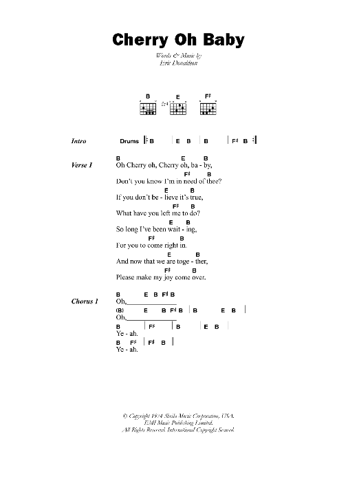 Eric Donaldson Cherry Oh Baby Sheet Music Notes & Chords for Lyrics & Chords - Download or Print PDF