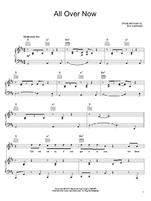 Eric Hutchinson All Over Now Sheet Music Notes & Chords for Piano, Vocal & Guitar (Right-Hand Melody) - Download or Print PDF