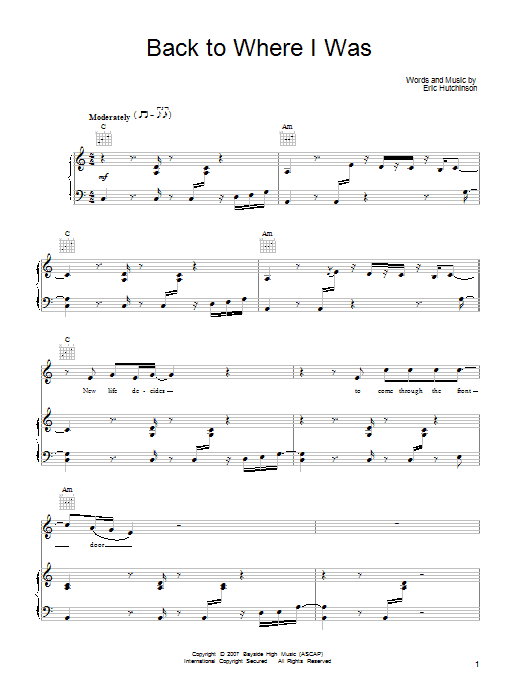 Eric Hutchinson Back To Where I Was Sheet Music Notes & Chords for Piano, Vocal & Guitar (Right-Hand Melody) - Download or Print PDF