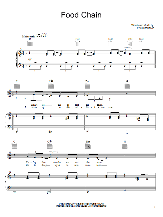 Eric Hutchinson Food Chain Sheet Music Notes & Chords for Piano, Vocal & Guitar (Right-Hand Melody) - Download or Print PDF