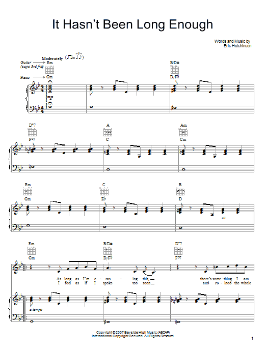 Eric Hutchinson It Hasn't Been Long Enough Sheet Music Notes & Chords for Piano, Vocal & Guitar (Right-Hand Melody) - Download or Print PDF