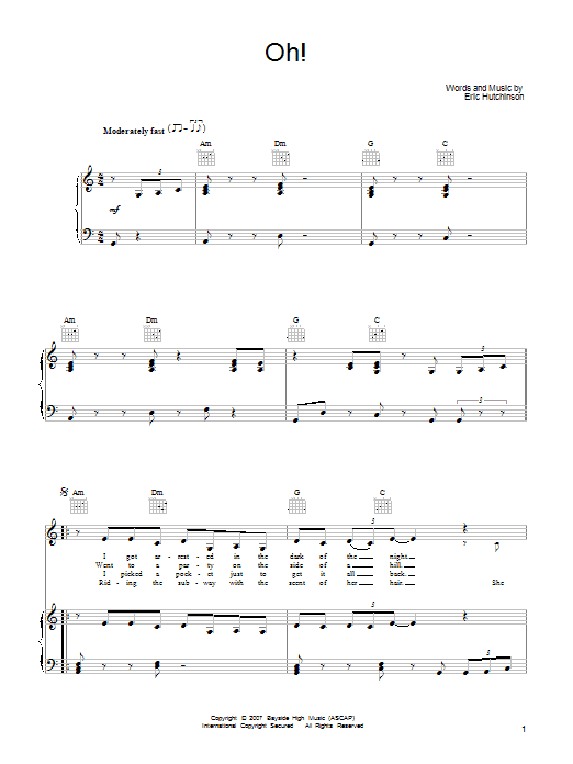 Eric Hutchinson Oh! Sheet Music Notes & Chords for Piano, Vocal & Guitar (Right-Hand Melody) - Download or Print PDF