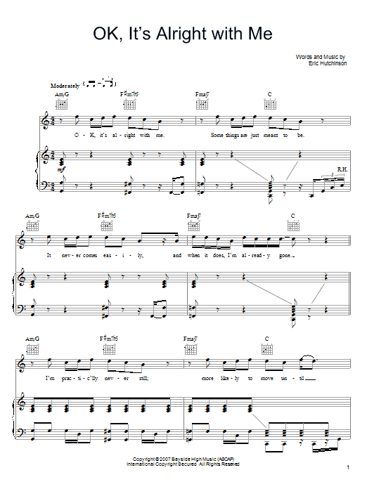 Eric Hutchinson OK, It's Alright With Me Sheet Music Notes & Chords for Piano, Vocal & Guitar (Right-Hand Melody) - Download or Print PDF