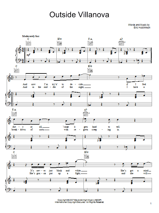 Eric Hutchinson Outside Villanova Sheet Music Notes & Chords for Piano, Vocal & Guitar (Right-Hand Melody) - Download or Print PDF