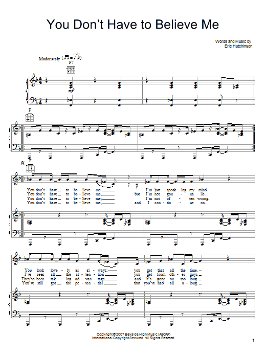 Eric Hutchinson You Don't Have To Believe Me Sheet Music Notes & Chords for Piano, Vocal & Guitar (Right-Hand Melody) - Download or Print PDF