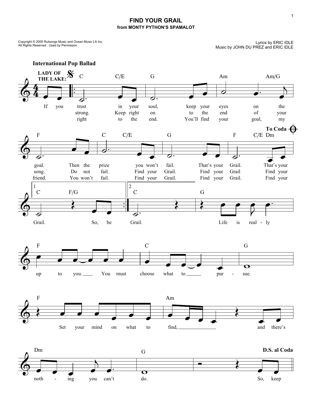 Eric Idle Find Your Grail Sheet Music Notes & Chords for Melody Line, Lyrics & Chords - Download or Print PDF