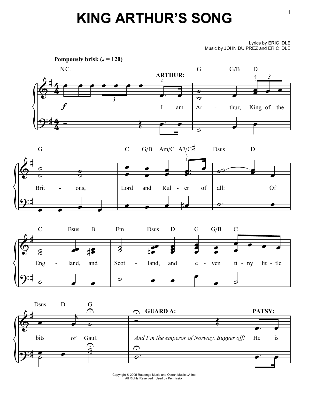 Eric Idle King Arthur's Song Sheet Music Notes & Chords for Easy Piano - Download or Print PDF