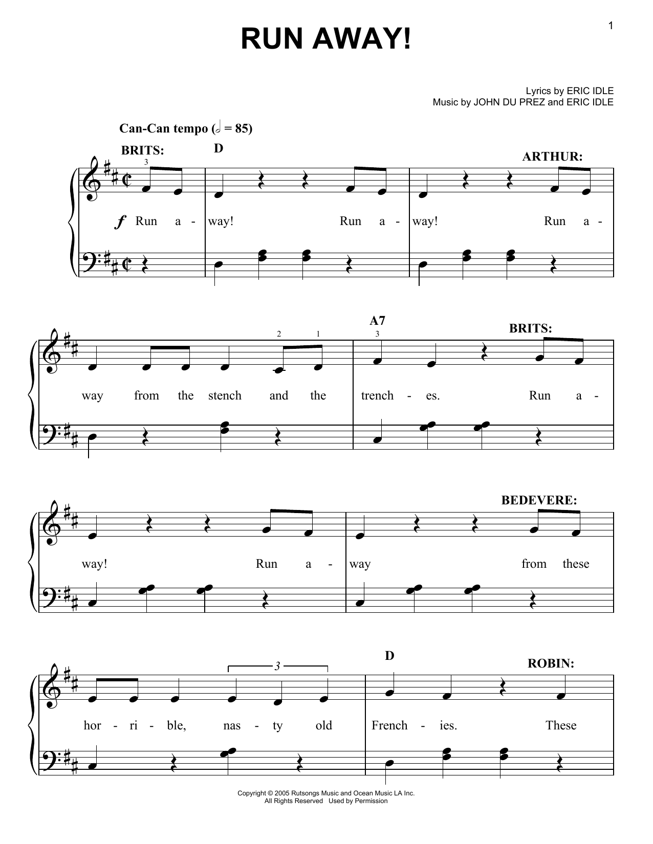 Eric Idle Run Away! Sheet Music Notes & Chords for Easy Piano - Download or Print PDF