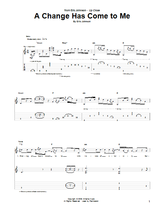 Eric Johnson A Change Has Come To Me Sheet Music Notes & Chords for Guitar Tab - Download or Print PDF