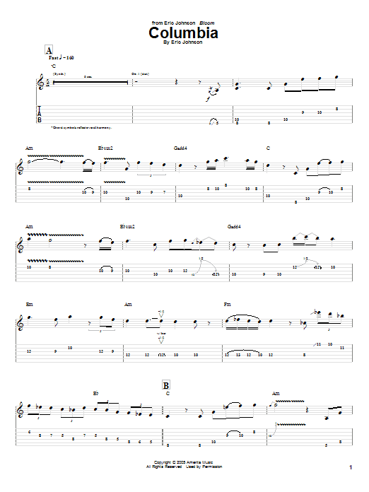 Eric Johnson Columbia Sheet Music Notes & Chords for Guitar Tab - Download or Print PDF