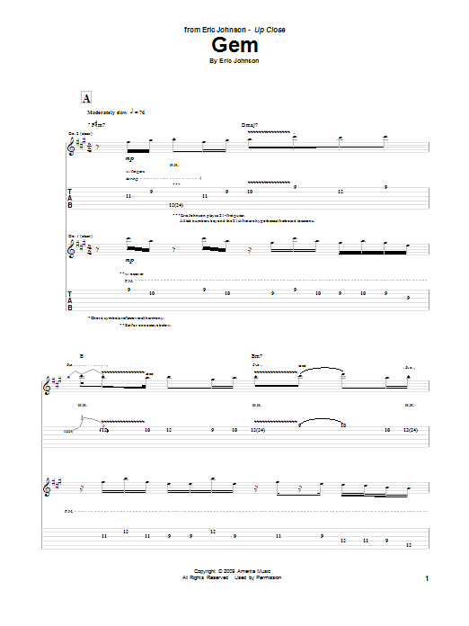 Eric Johnson Gem Sheet Music Notes & Chords for Guitar Tab - Download or Print PDF