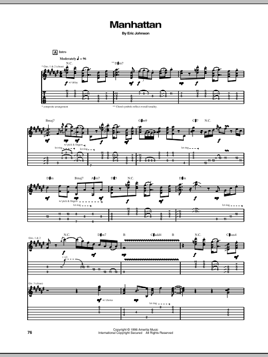 Eric Johnson Manhattan Sheet Music Notes & Chords for Guitar Tab Play-Along - Download or Print PDF