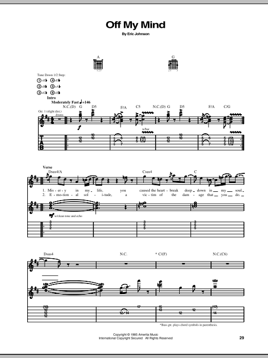 Eric Johnson Off My Mind Sheet Music Notes & Chords for Guitar Tab - Download or Print PDF