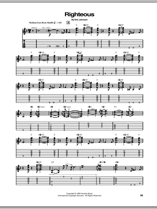 Eric Johnson Righteous Sheet Music Notes & Chords for Guitar Tab Play-Along - Download or Print PDF