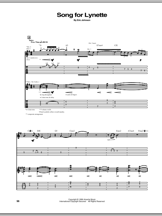 Eric Johnson Song For Lynette Sheet Music Notes & Chords for Guitar Tab - Download or Print PDF
