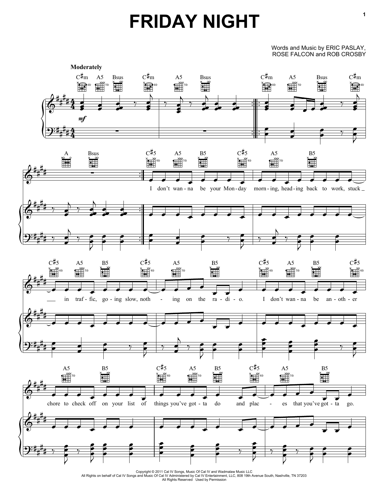 Eric Paslay Friday Night Sheet Music Notes & Chords for Piano, Vocal & Guitar (Right-Hand Melody) - Download or Print PDF