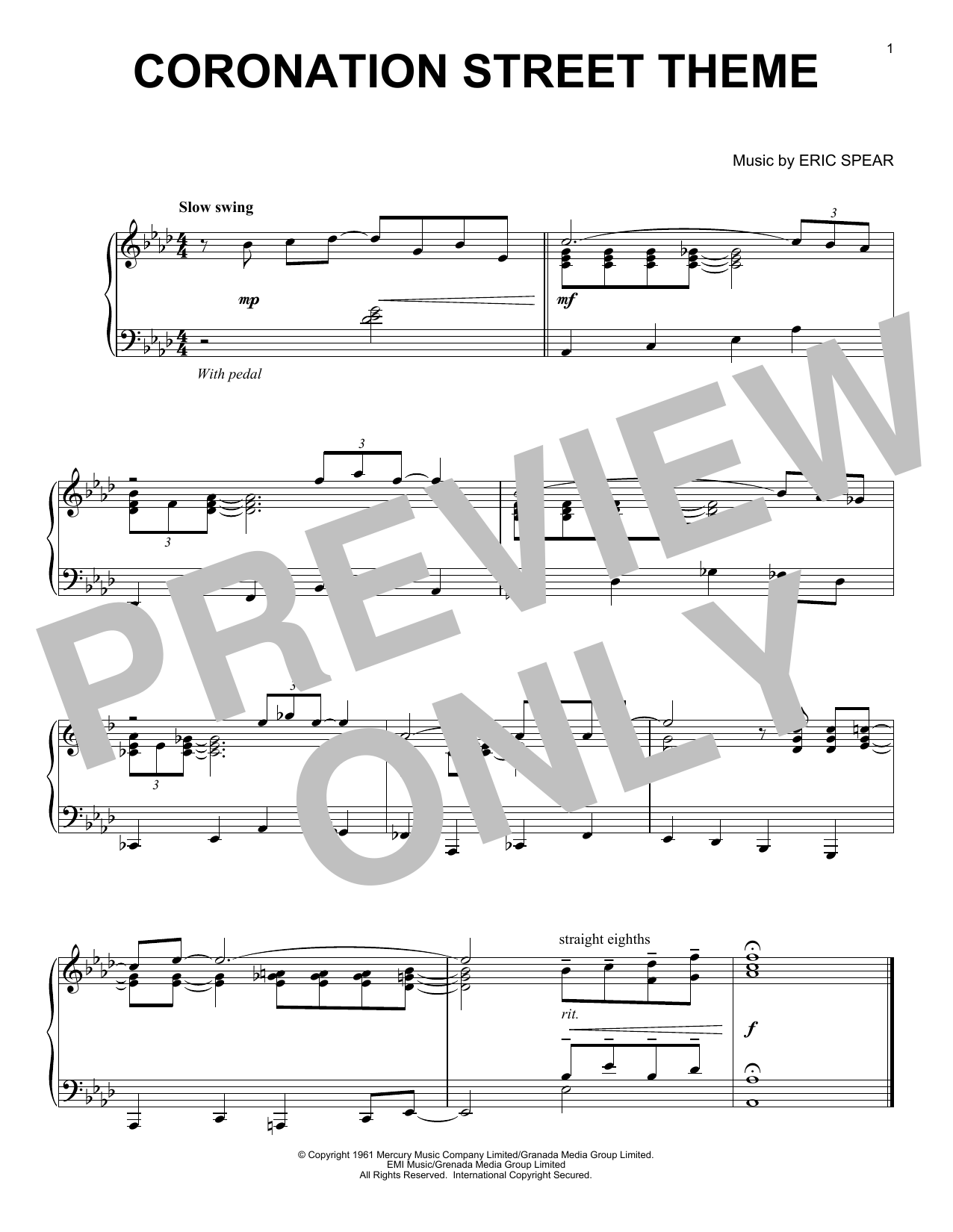 Eric Spear Coronation Street Theme Sheet Music Notes & Chords for Piano Solo - Download or Print PDF