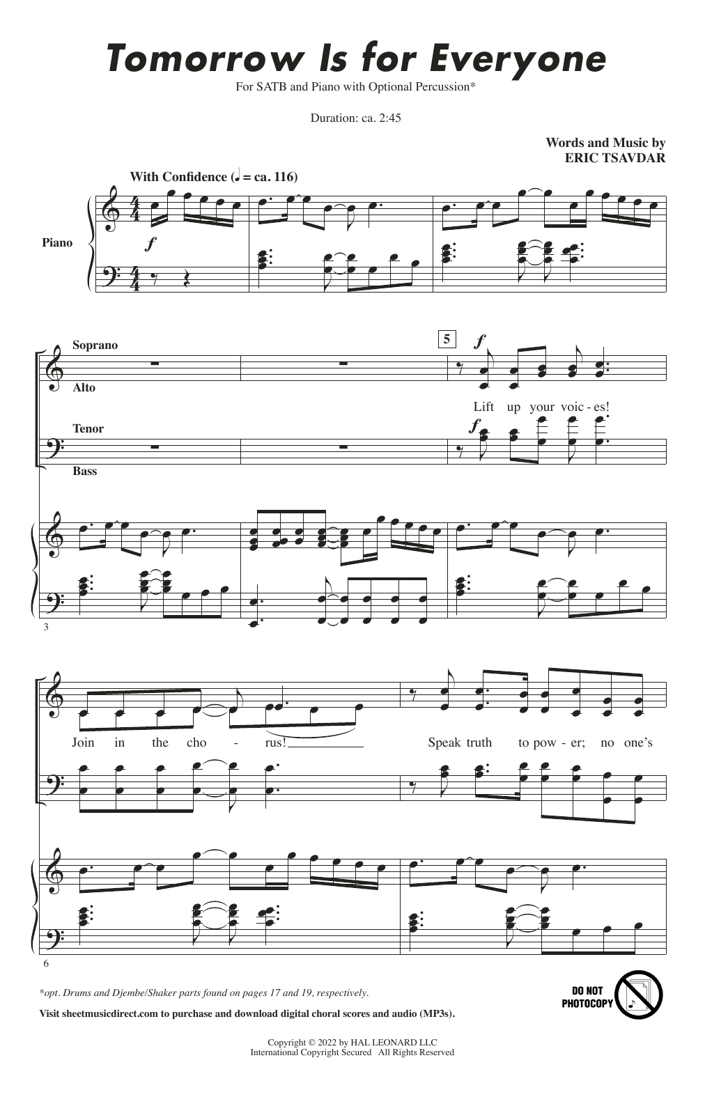Eric Tsavdar Tomorrow Is For Everyone Sheet Music Notes & Chords for SATB Choir - Download or Print PDF