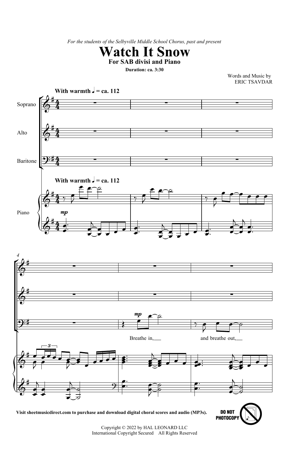 Eric Tsavdar Watch It Snow Sheet Music Notes & Chords for SAB Choir - Download or Print PDF