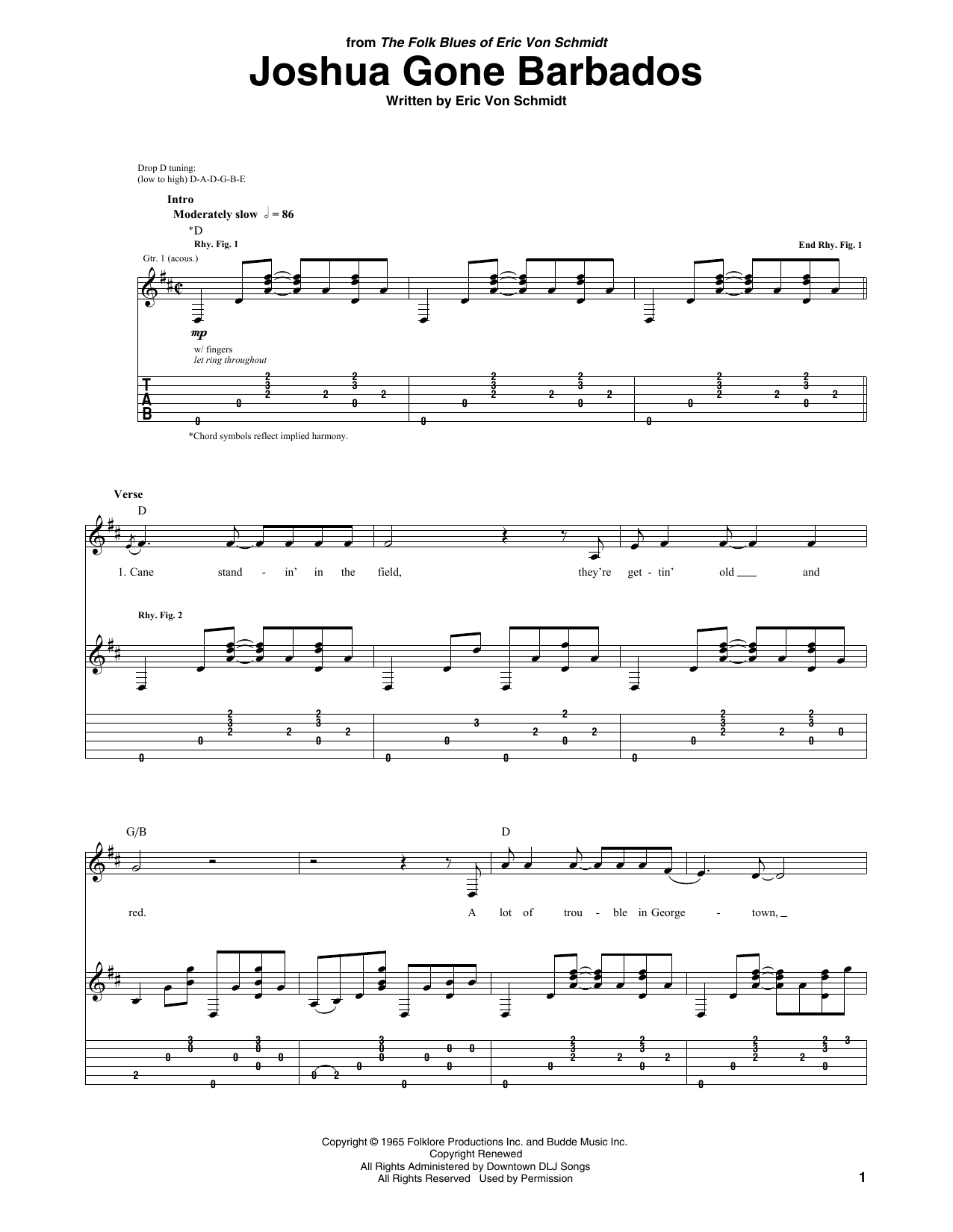 Eric von Schmidt Joshua Gone Barbados Sheet Music Notes & Chords for Guitar Tab - Download or Print PDF