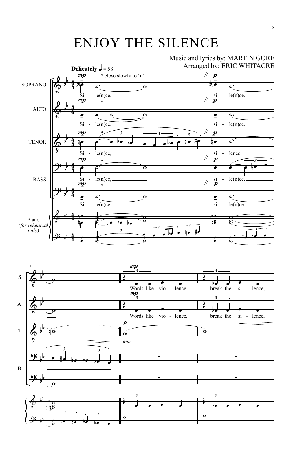 Eric Whitacre Enjoy The Silence Sheet Music Notes & Chords for SATB - Download or Print PDF