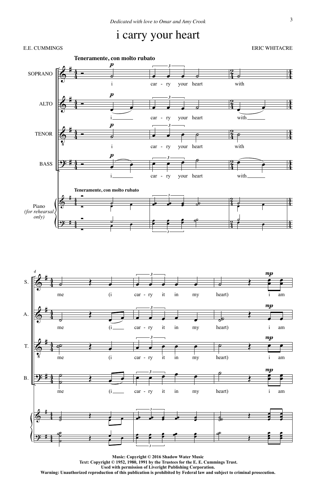 Eric Whitacre i carry your heart Sheet Music Notes & Chords for SATB Choir - Download or Print PDF