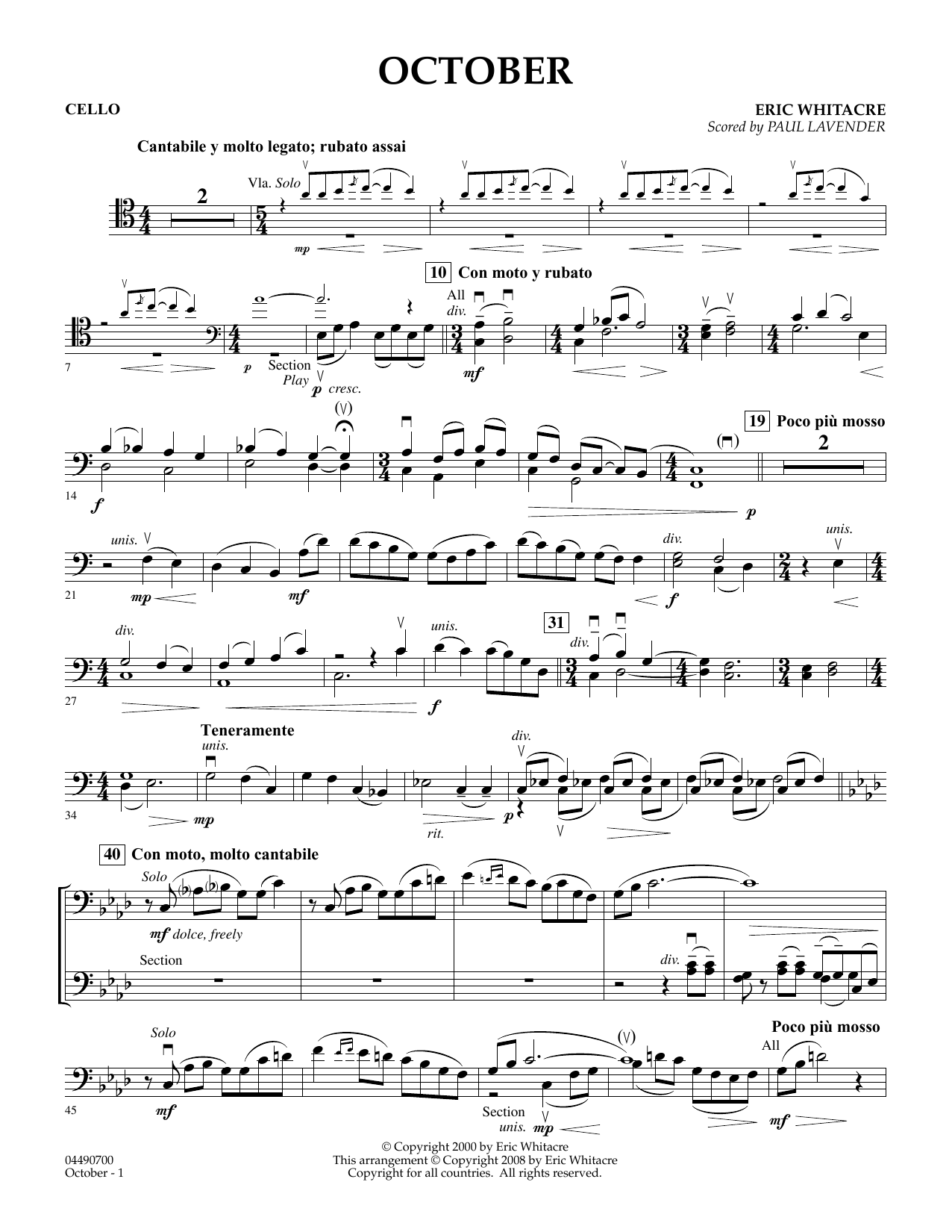 Eric Whitacre October - Cello (arr. Paul Lavender) Sheet Music Notes & Chords for Orchestra - Download or Print PDF