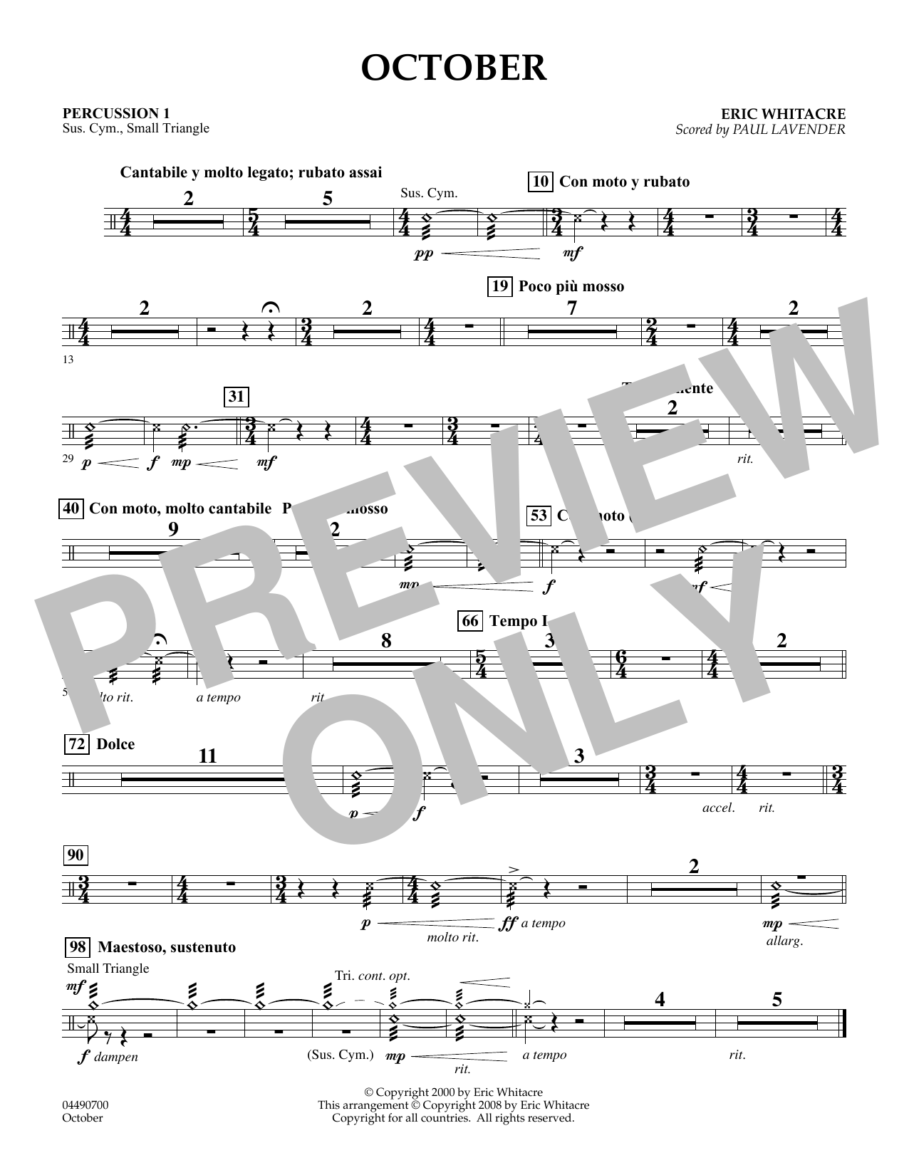 Eric Whitacre October - Percussion 1 (arr. Paul Lavender) Sheet Music Notes & Chords for Orchestra - Download or Print PDF