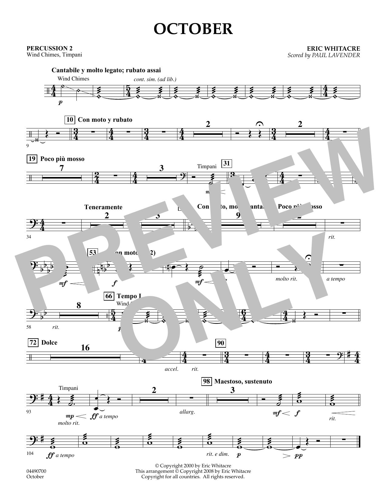 Eric Whitacre October - Percussion 2 (arr. Paul Lavender) Sheet Music Notes & Chords for Orchestra - Download or Print PDF