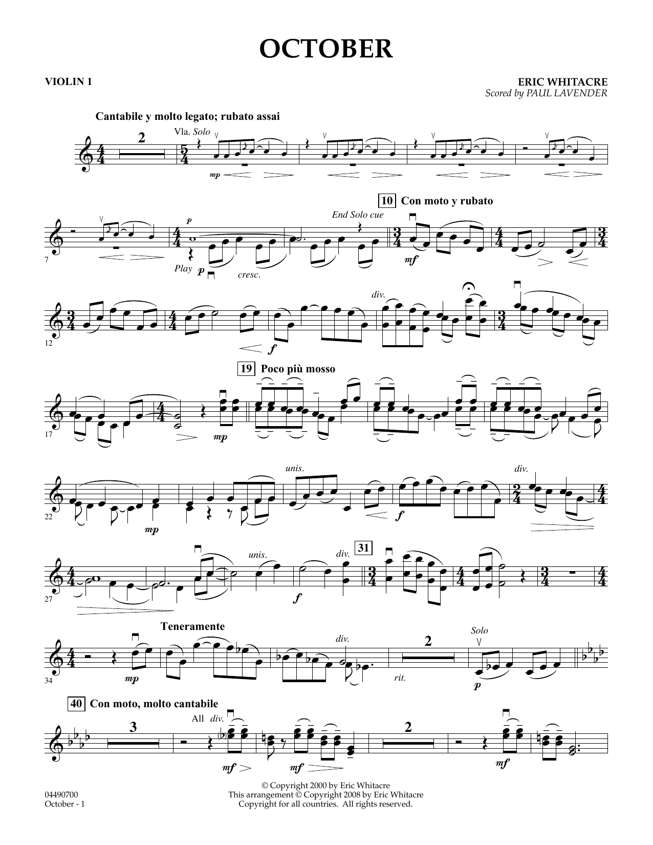 Eric Whitacre October - Violin 1 (arr. Paul Lavender) Sheet Music Notes & Chords for Orchestra - Download or Print PDF