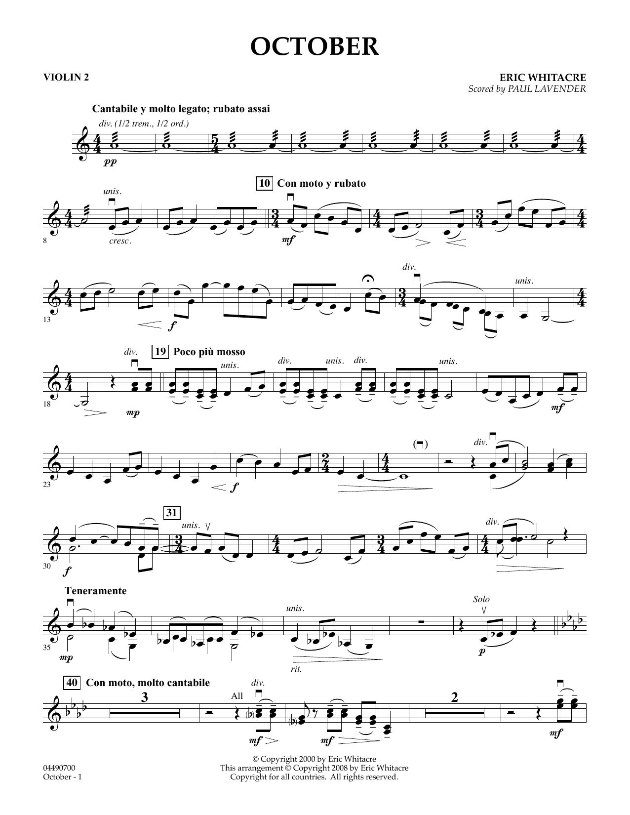 Eric Whitacre October - Violin 2 (arr. Paul Lavender) Sheet Music Notes & Chords for Orchestra - Download or Print PDF