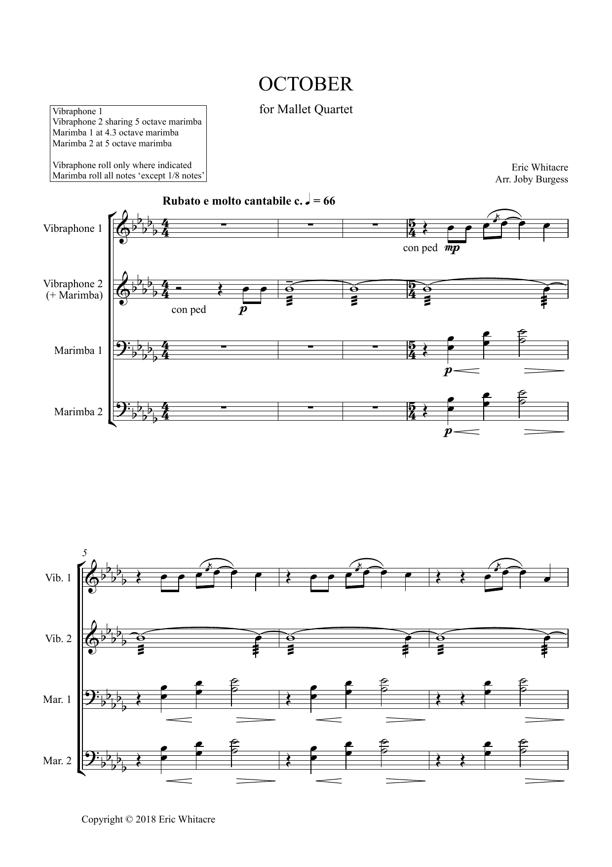 Eric Whitacre October (Alleluia) for Mallet Quartet (arr. Joby Burgess) - Full Score Sheet Music Notes & Chords for Percussion Ensemble - Download or Print PDF