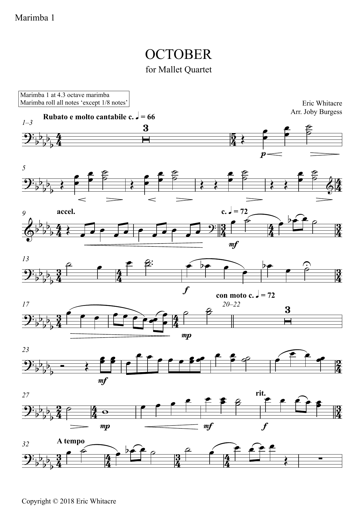 Eric Whitacre October (Alleluia) for Mallet Quartet (arr. Joby Burgess) - Marimba 1 Sheet Music Notes & Chords for Percussion Ensemble - Download or Print PDF