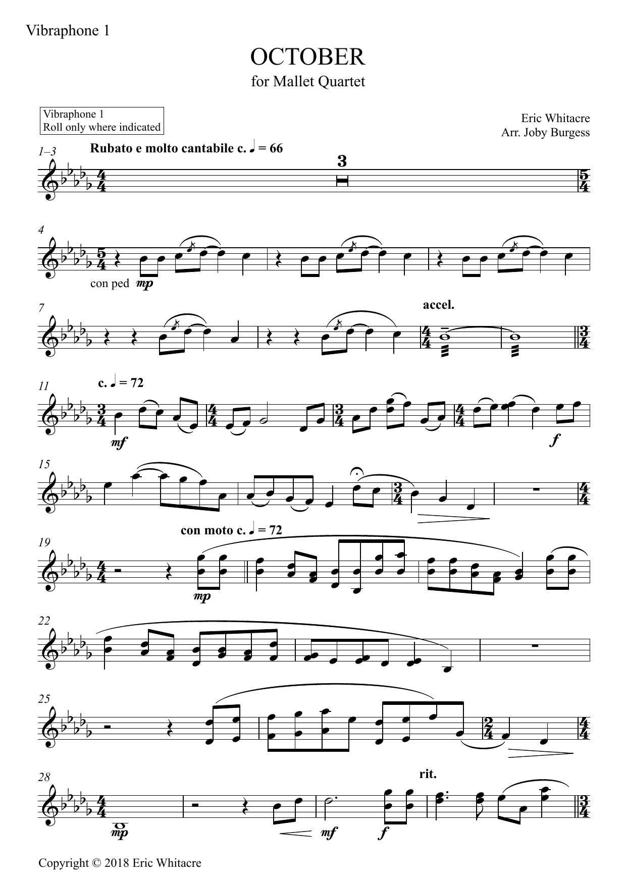 Eric Whitacre October (Alleluia) for Mallet Quartet (arr. Joby Burgess) - Vibraphone 1 Sheet Music Notes & Chords for Percussion Ensemble - Download or Print PDF