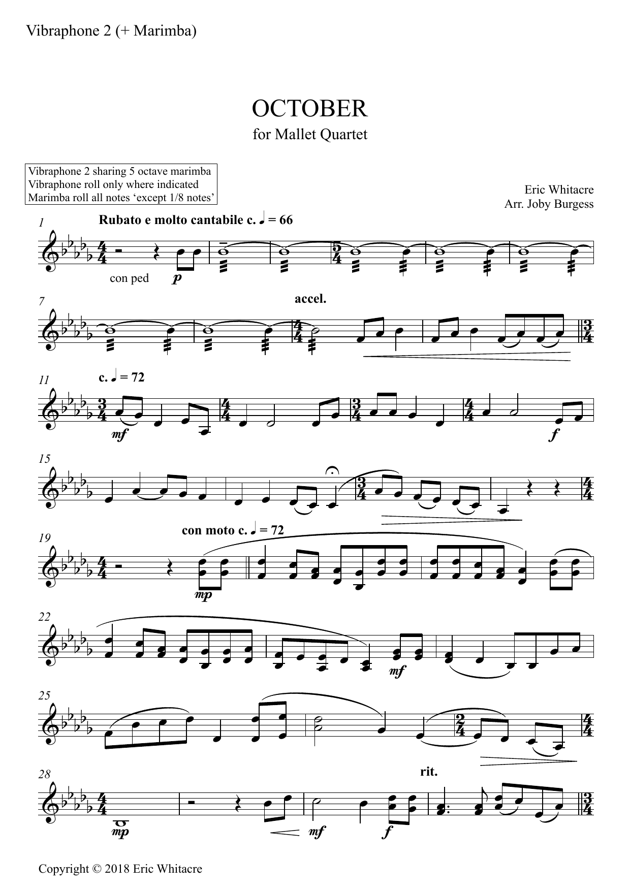 Eric Whitacre October (Alleluia) for Mallet Quartet (arr. Joby Burgess) - VIBRAPHONE 2 SHARE MARIMBA 2 Sheet Music Notes & Chords for Percussion Ensemble - Download or Print PDF