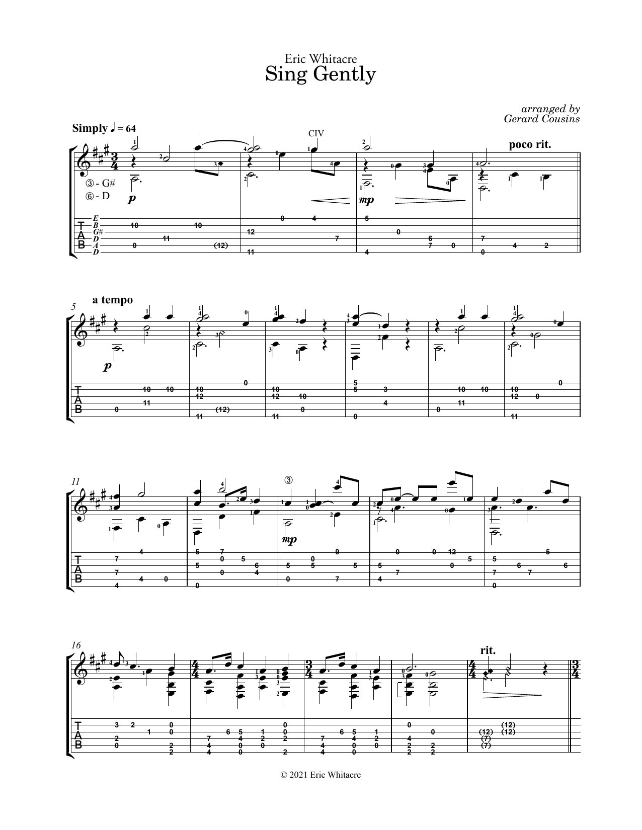 Eric Whitacre Sing Gently (arr. Gerard Cousins) Sheet Music Notes & Chords for Solo Guitar - Download or Print PDF