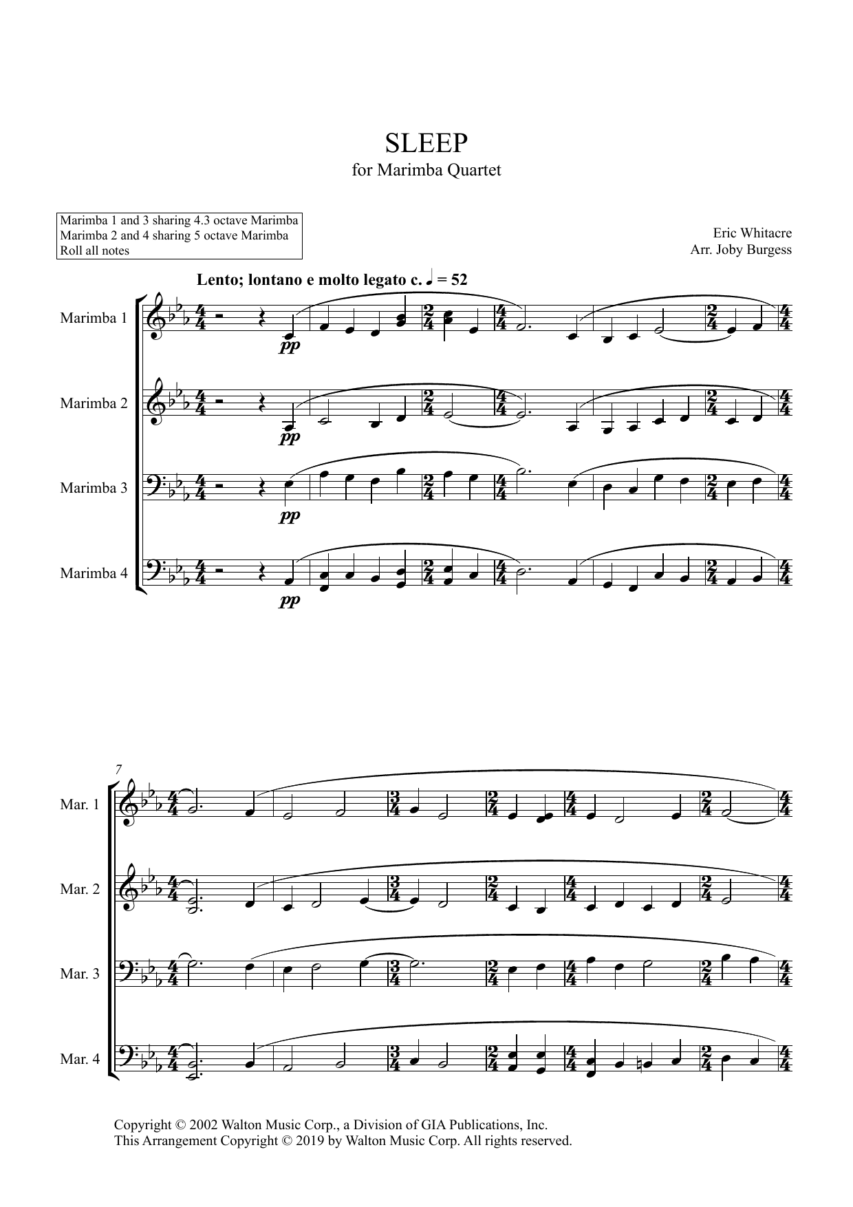 Eric Whitacre Sleep for Marimba Quartet (arr. Joby Burgess) - Full Score Sheet Music Notes & Chords for Percussion Ensemble - Download or Print PDF