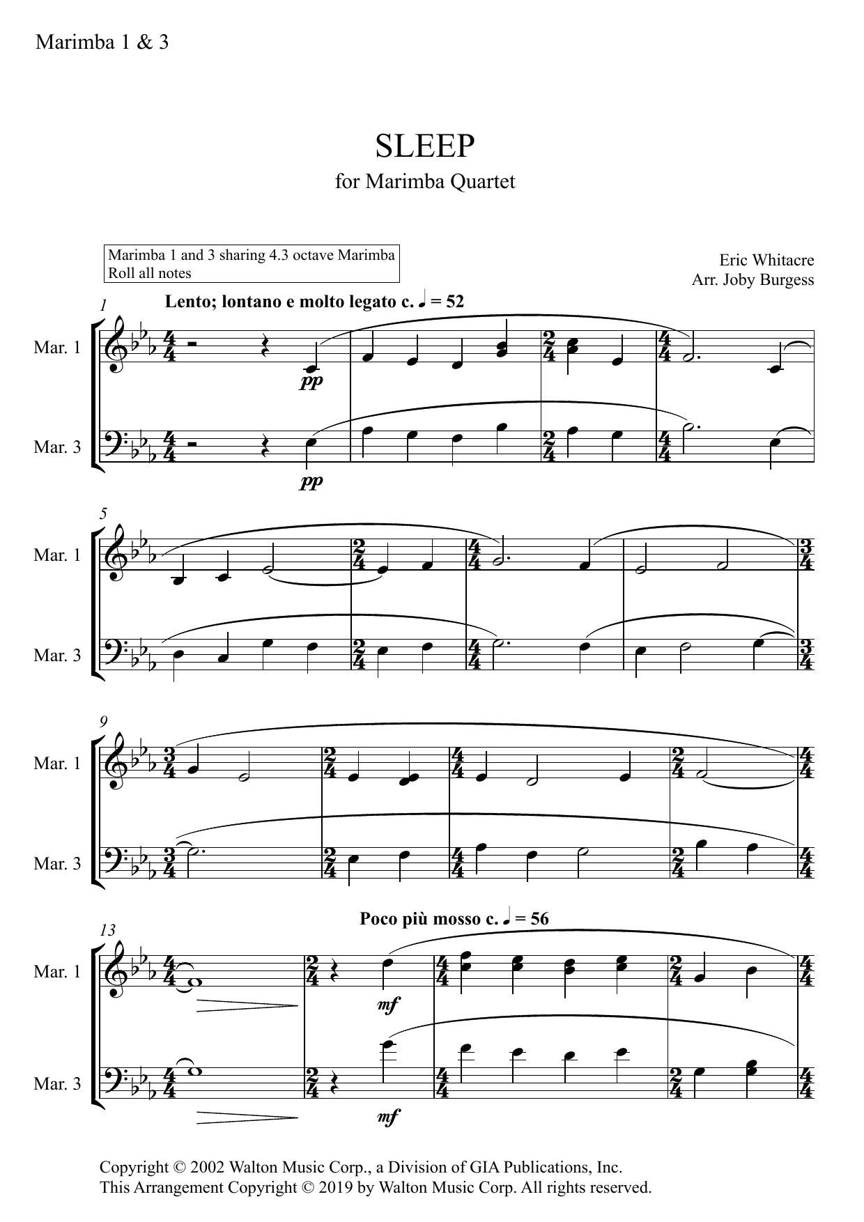 Eric Whitacre Sleep for Marimba Quartet (arr. Joby Burgess) - MARIMBA 1 & 3 Sheet Music Notes & Chords for Percussion Ensemble - Download or Print PDF