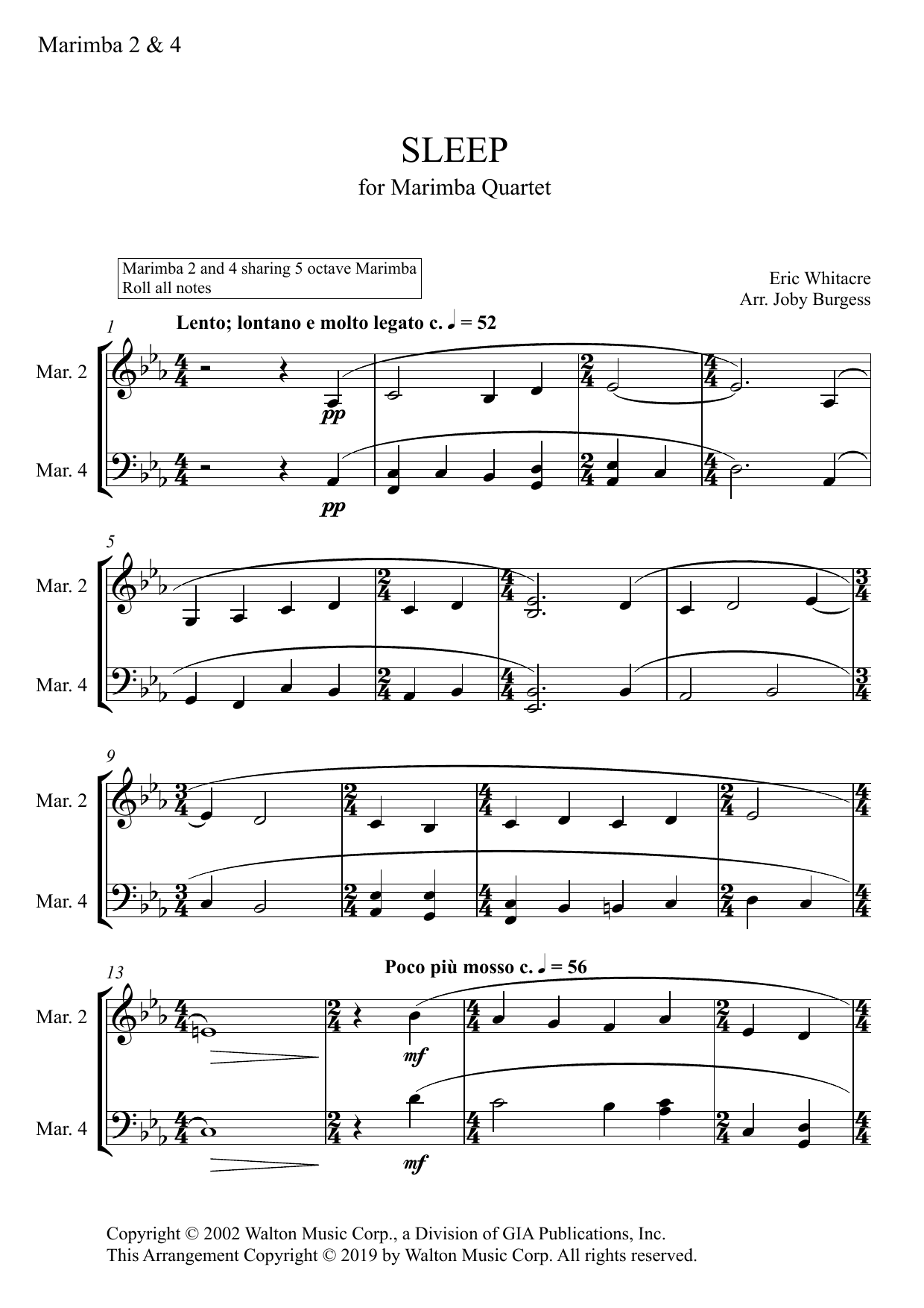 Eric Whitacre Sleep for Marimba Quartet (arr. Joby Burgess) - MARIMBA 2 & 4 Sheet Music Notes & Chords for Percussion Ensemble - Download or Print PDF