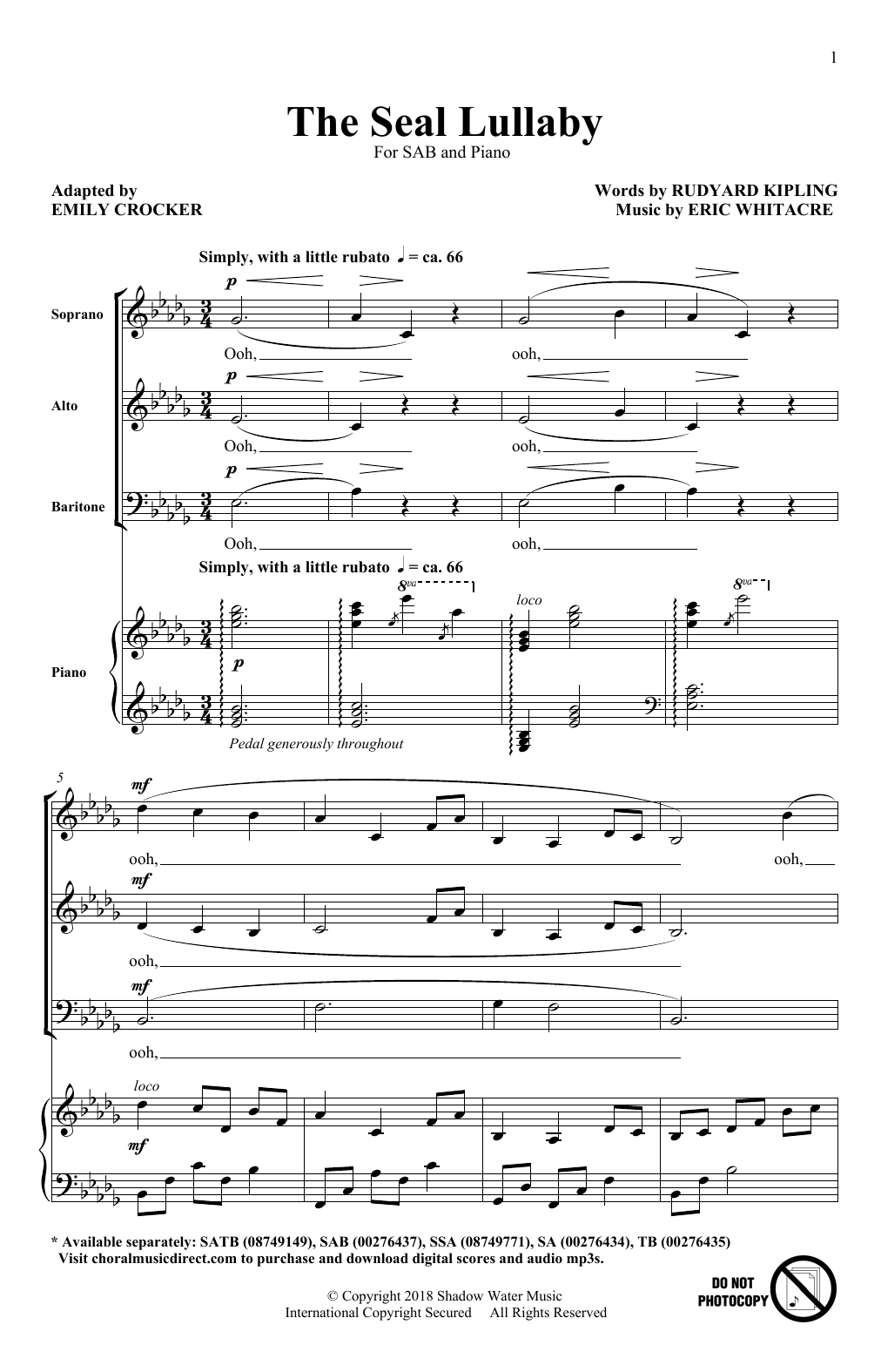 Eric Whitacre The Seal Lullaby (arr. Emily Crocker) Sheet Music Notes & Chords for 2-Part Choir - Download or Print PDF
