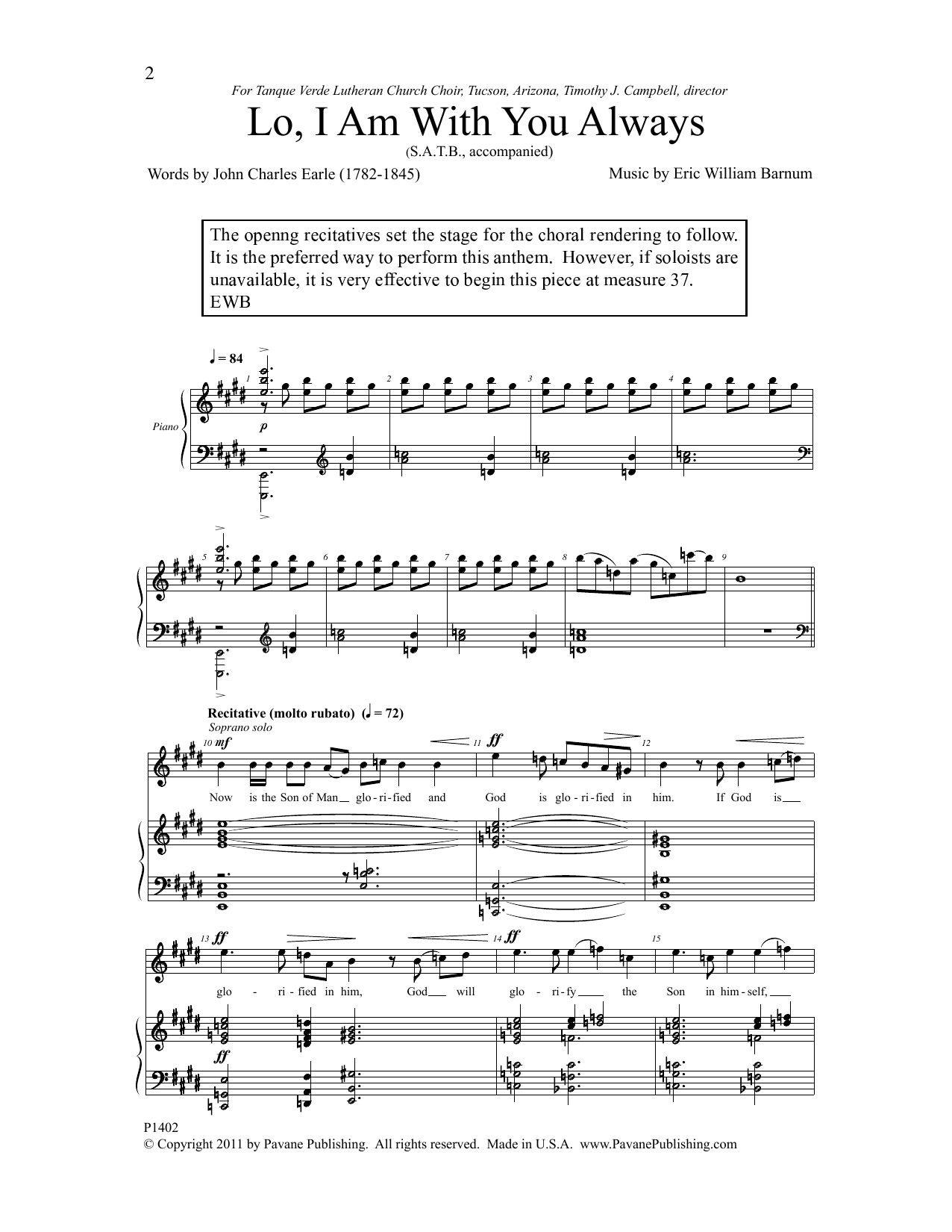 Eric William Brnum Lo, I Am With You Always Sheet Music Notes & Chords for Choral - Download or Print PDF