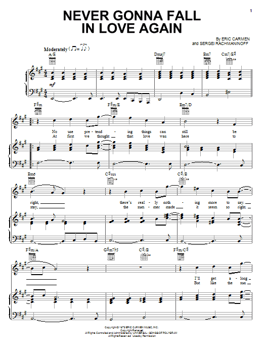 Preview Eric Carmen Never Gonna Fall In Love Again Pop sheet music, notes and chords for Piano, Vocal & Guitar (Right-Hand Melody), SKU: 72819 Never Gonna Fall In Love Again sheet music