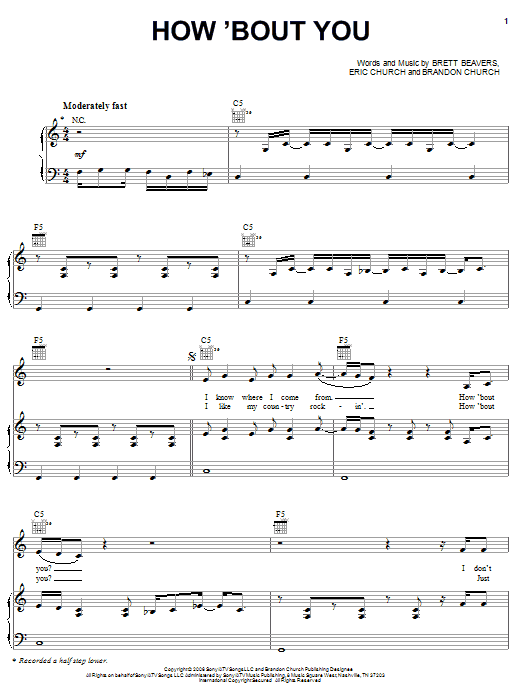 Preview Eric Church How 'Bout You Pop sheet music, notes and chords for Piano, Vocal & Guitar (Right-Hand Melody), SKU: 55312 How 'Bout You sheet music