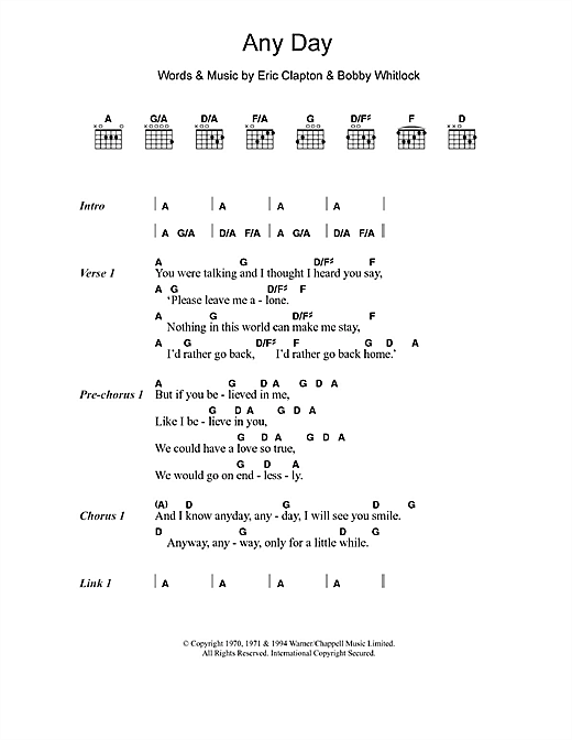 Eric Clapton Any Day Sheet Music Notes & Chords for Lyrics & Chords - Download or Print PDF