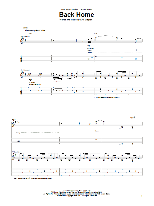 Preview Eric Clapton Back Home Pop sheet music, notes and chords for Guitar Tab, SKU: 54357 Back Home sheet music