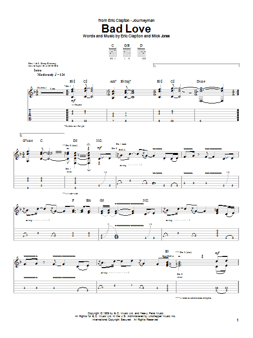 Preview Eric Clapton Bad Love Pop sheet music, notes and chords for Guitar Tab, SKU: 24013 sheet music, piano notes, chords, guitar tabs, score, transpose, transcribe, how to play, guide, download, learn, tutorial, progression, song, artist, awards, billboard, mtv, vh1, tour, single, album, release