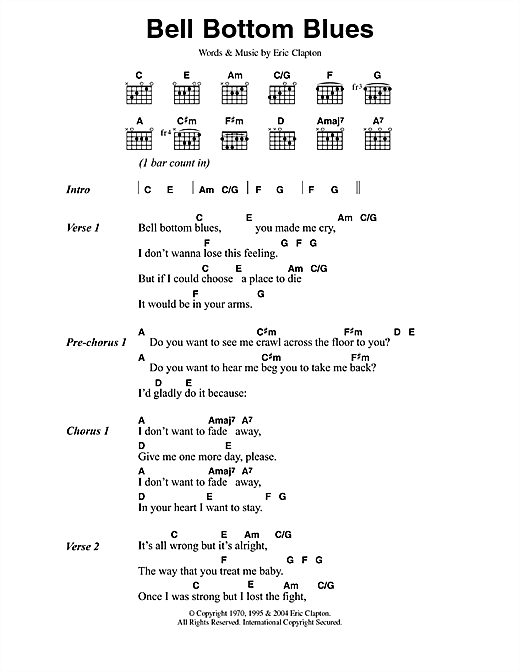 Preview Eric Clapton Bell Bottom Blues Pop sheet music, notes and chords for Piano, Vocal & Guitar (Right-Hand Melody), SKU: 49218 Bell Bottom Blues sheet music